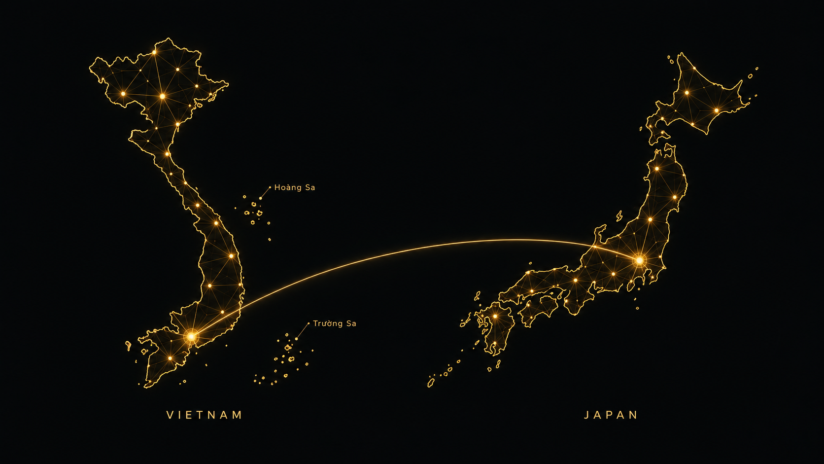 Digital maps of Vietnam, including Hoàng Sa and Trường Sa, and Japan, connected by a golden network.